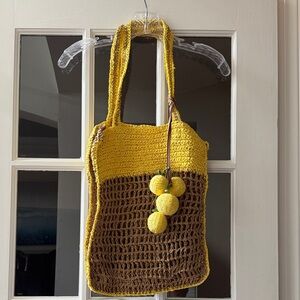Anthropologie Yellow and Brown Crochet Tote Bag